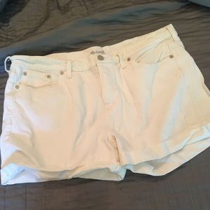 Madewell cuffed white jean shorts.